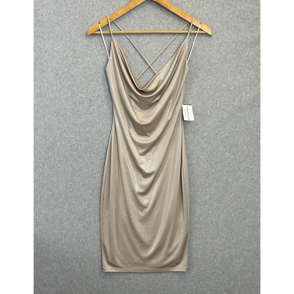 Windsor Bodycon Mini Dress Taupe Shimmer Cowl Neck Crisscross Back Size S NWT